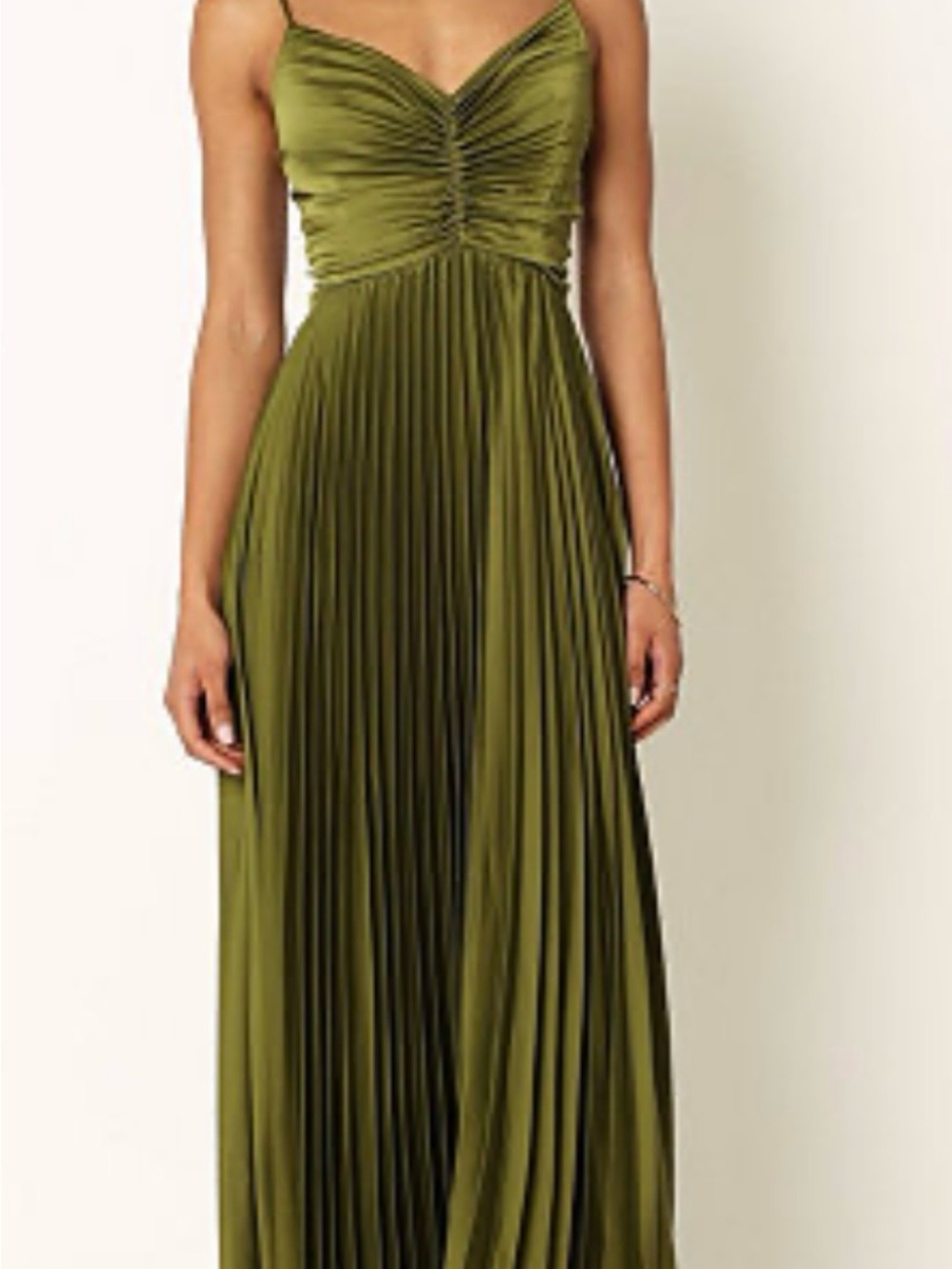 Olive Green Pleated Formal Maxi Dress with Spaghetti Straps
